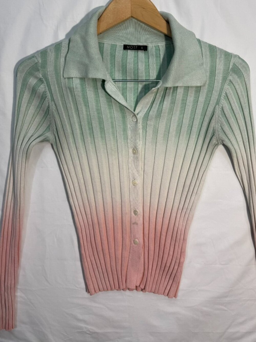 MOTF Womens S Ribbed Knit Button Front Top Ombré Pink Green Collared